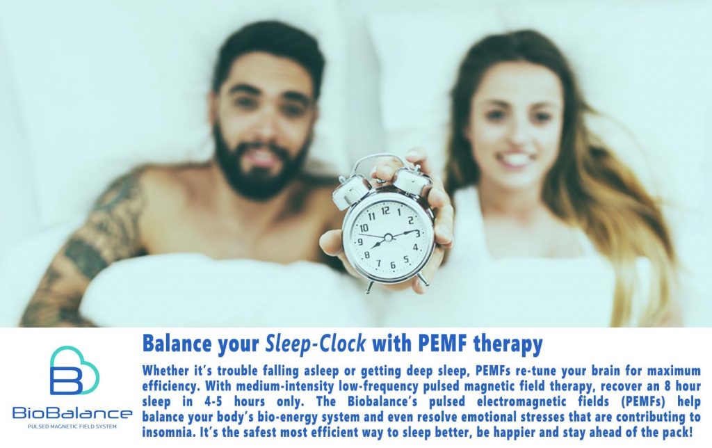 Woman and man laying in bed with the text below stating "Balance your sleep clock with PEMF Therapy" (Picture 1)
