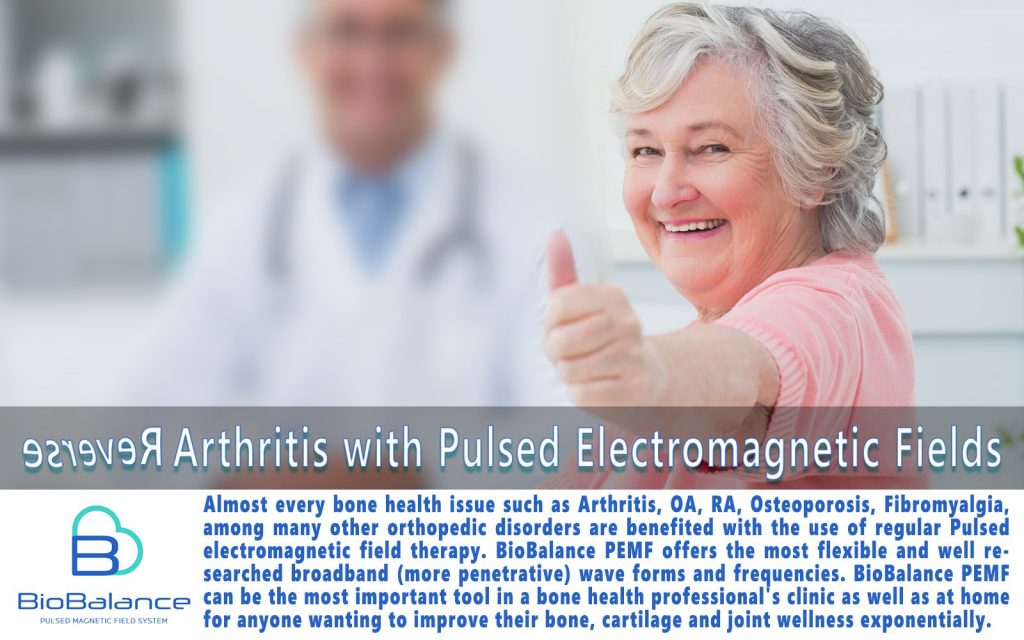 Older woman with thumb up to camera and text below stating "Reverse Arthritis with Pulse Electromagnetic Fields"