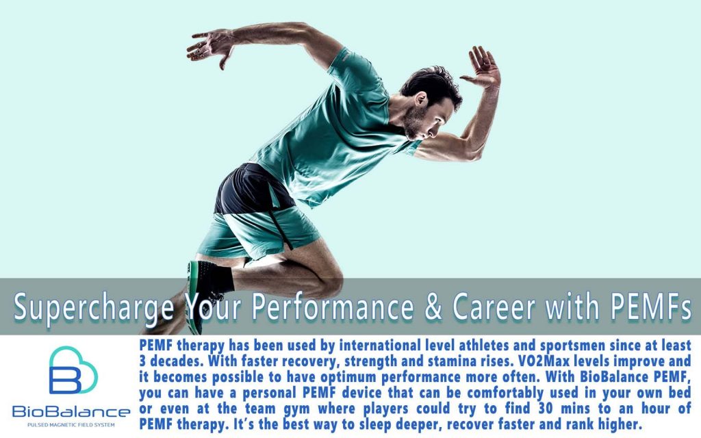 Man running with the text below stating "Supercharge your performance and career with PEMFs"