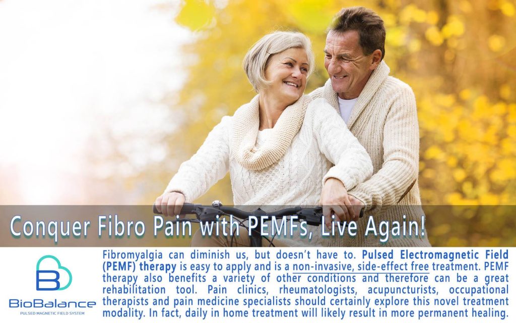 Man and women riding a bike and smiling, with the text below stating "Conquer Fibro Pain with PEMFs, Live Again!" (Picture 1)