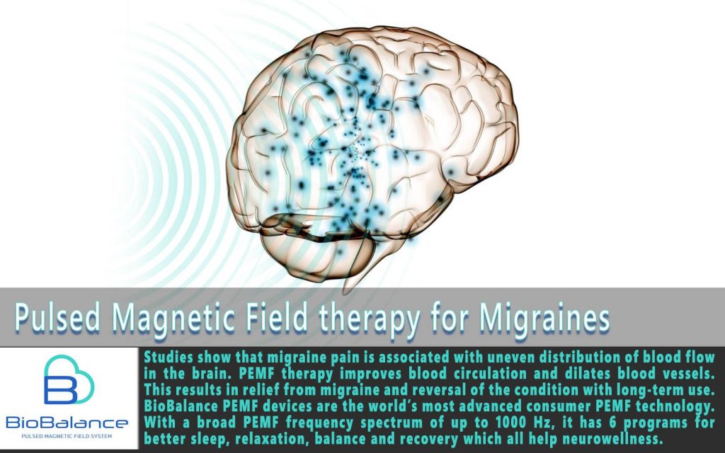 Brain showing headaches and BioBalance logo in the bottom left. Text below states "Pulsed Magnetic Field Therapy for Migraines"