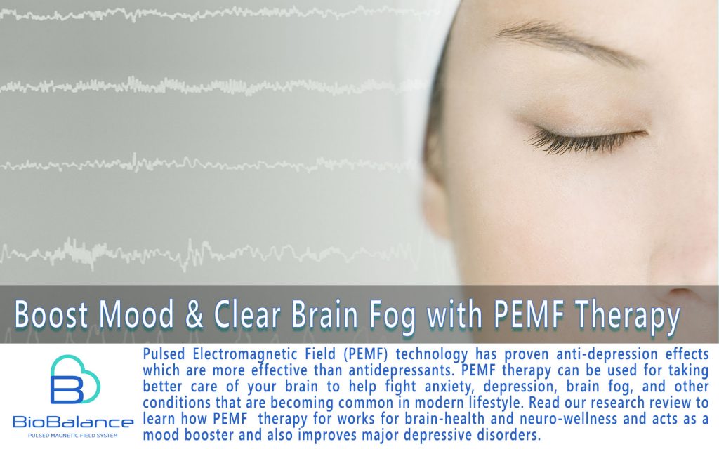 Woman with eyes closed and the text below stating "Boost Mod & Clear Brain Fog with PEMF Therapy"